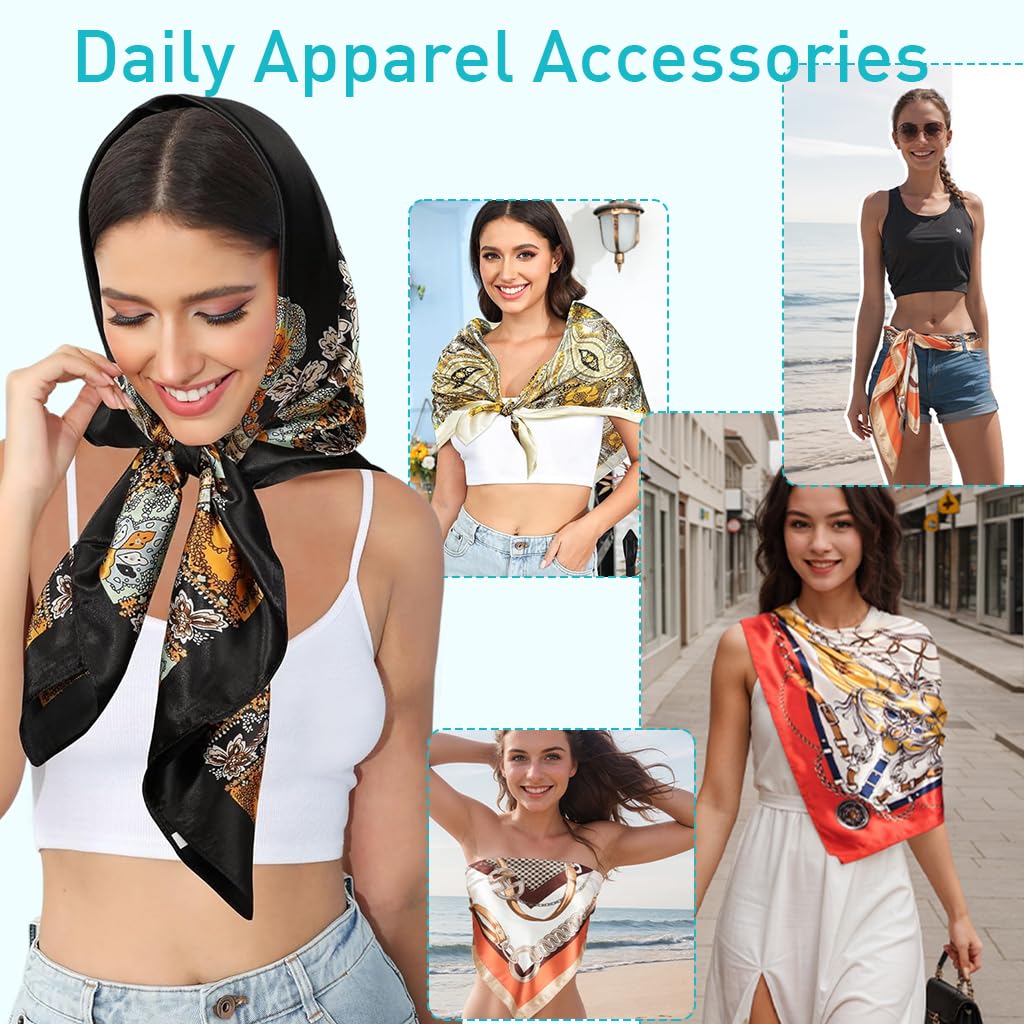 PALAY 3Pcs Silk Scarf Satin Head Scarf for Women Summer Wear Square 35 In Neck Scarf Fashion Print Hair Scarf for Women Comfy Silk-Feel Beach Headwraps Pillow Cover Gift for Women