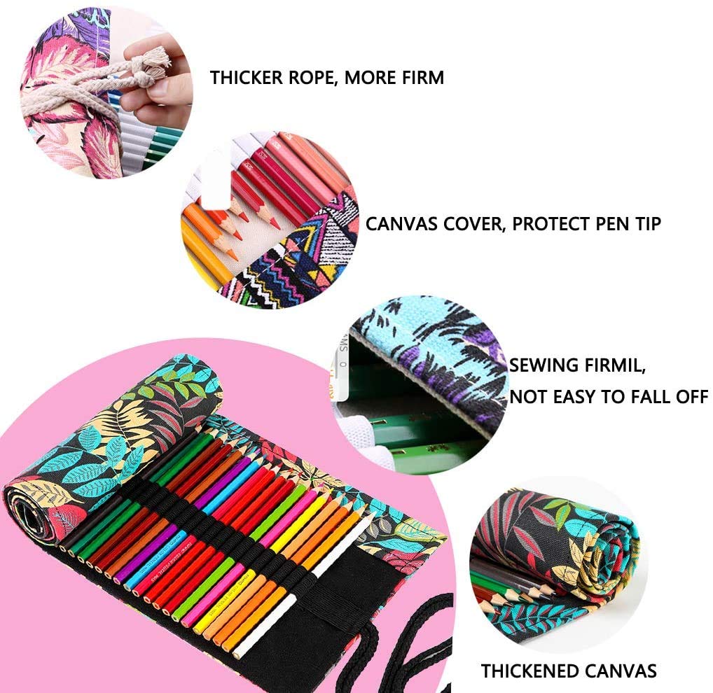 PATPAT 72 Holes Canvas Pencil Wrap Case for Adults and Kids, Colored Pencil Roll Up Canvas Pouch Package for Sketching Drawing Writing Storage-constellation (Fallen Leaves(72 holes))