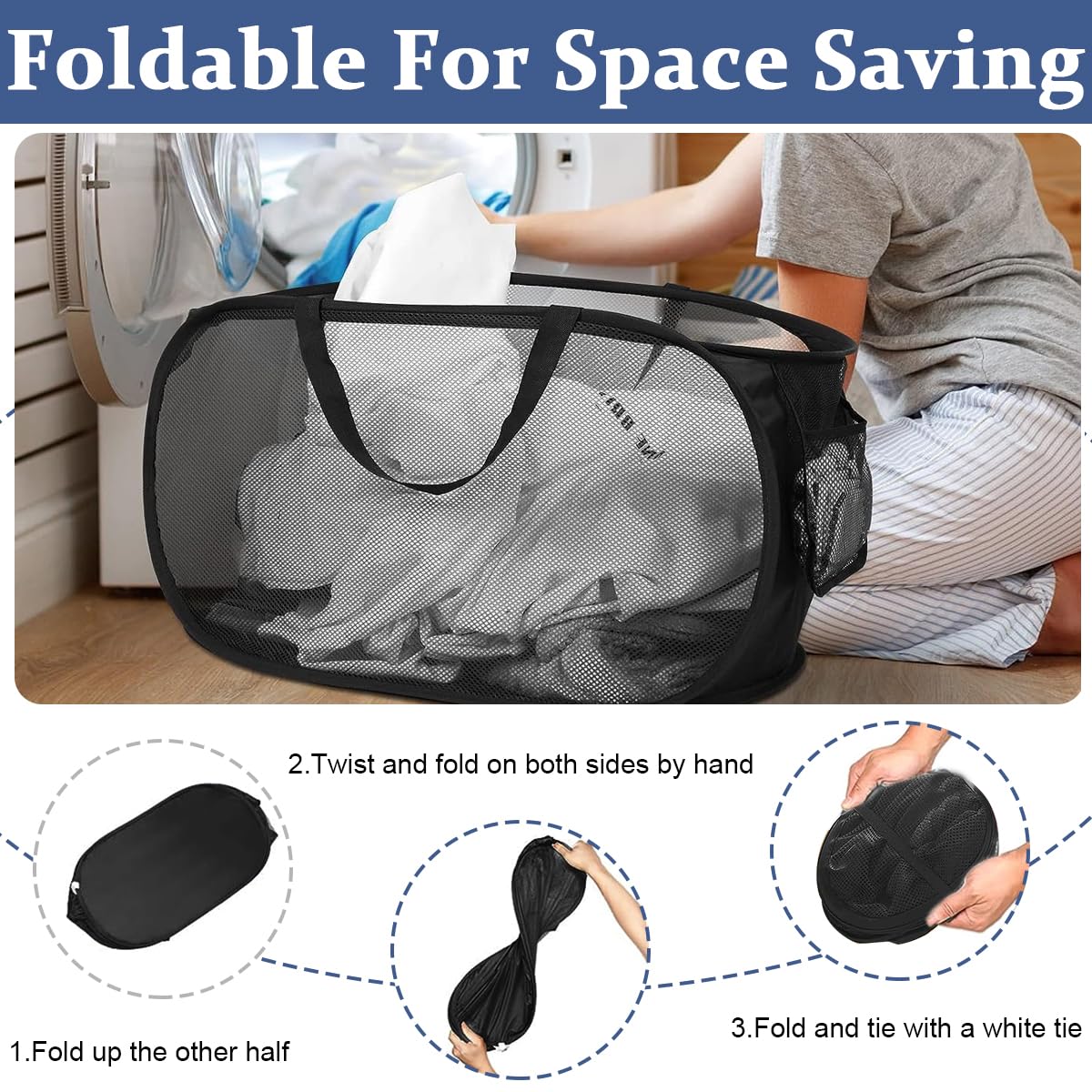 HASTHIP Durable Collapsible Laundry Baskets, Foldable Clothes Storage Hamper with Reinforced Carry Handles, Portable Collapsible Clothes Baskets for Dorm, Bathroom & Travel, Black