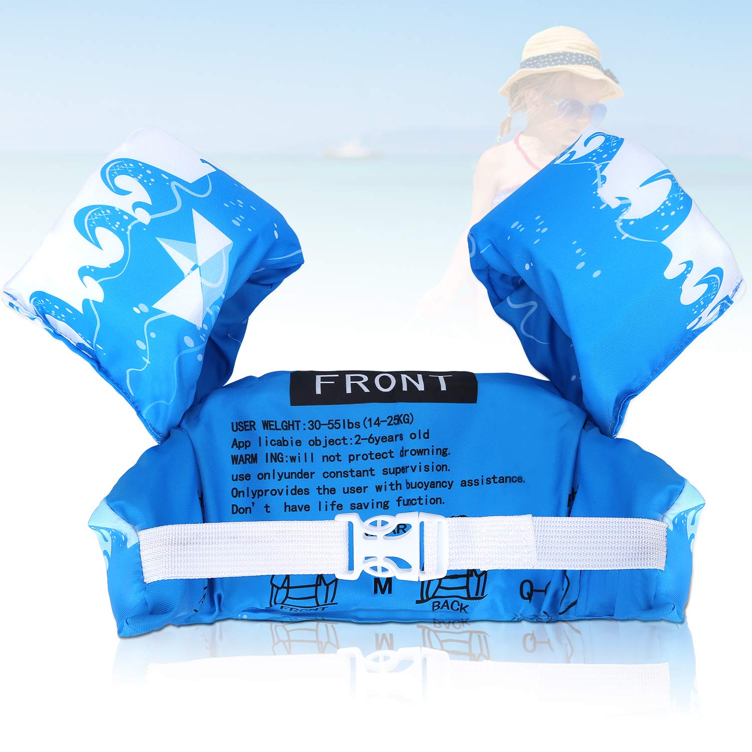 ZIBUYU 1 Pack Cute Fish Printed Float Arm Bands Swimming Trainer Vest Life Jacket Safety Gear for Baby & Boys & Girls from 2 to 6 Years 22 to 55 lbs ( Blue)