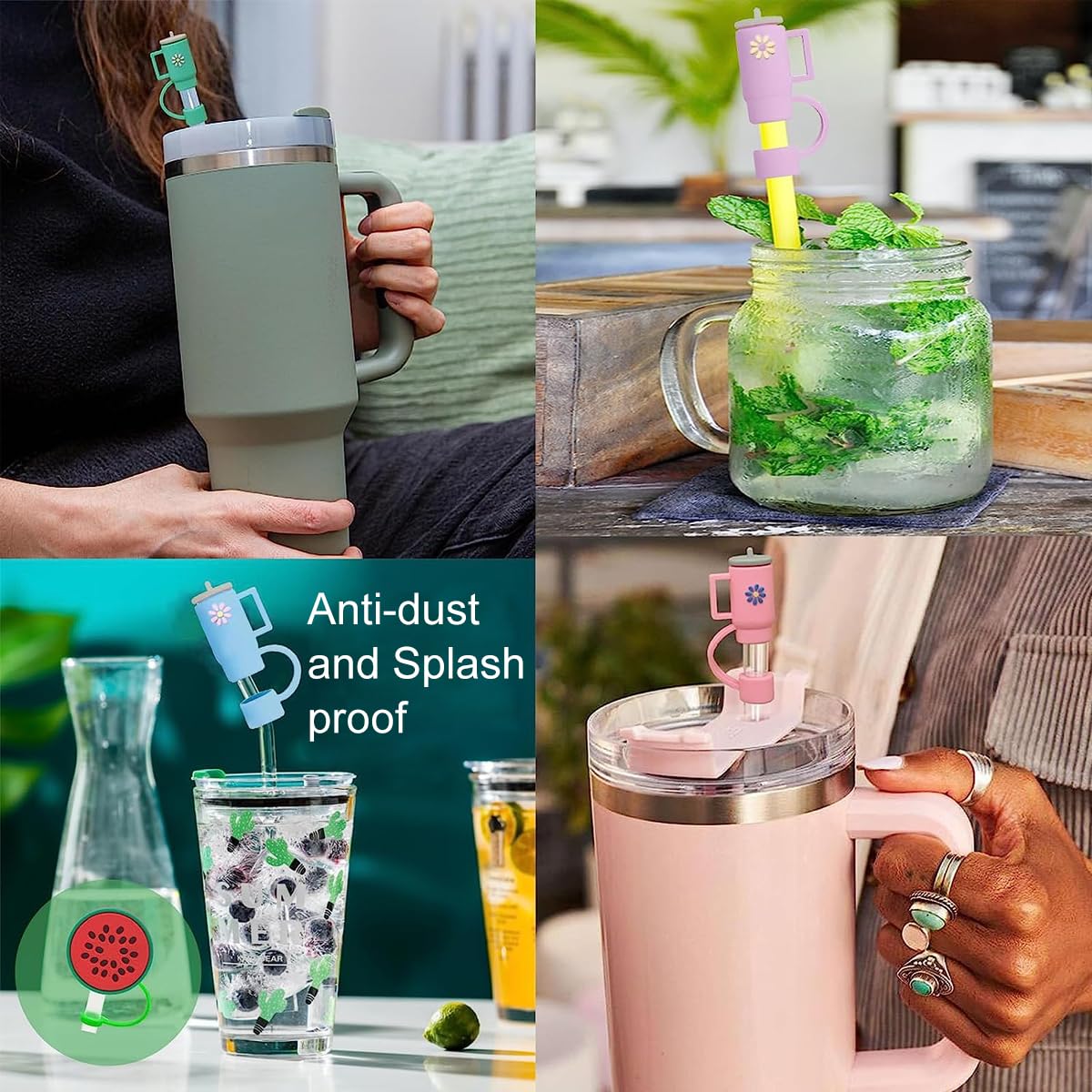 HASTHIP 5PCS Straw Cover Cap, Straw Protectors with Handle, Cute Silicone Straw Topper for 10mm Diameter Cup Accessories