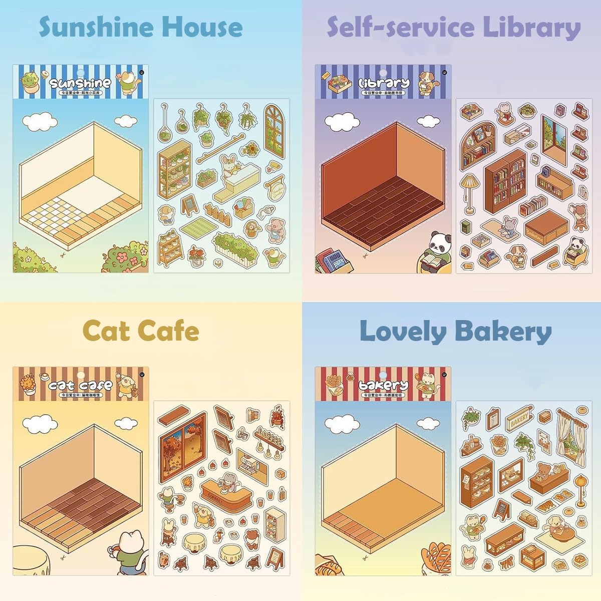 HASTHIP® 4 Sets DIY 3D House Stickers with Tweezer, Cute Cartoon Scene Stickers, Fun DIY Stickers Scene Make Your Own Supermarket Coffee Shop Restaurant Bookstore for Adult Kids Relief Stress