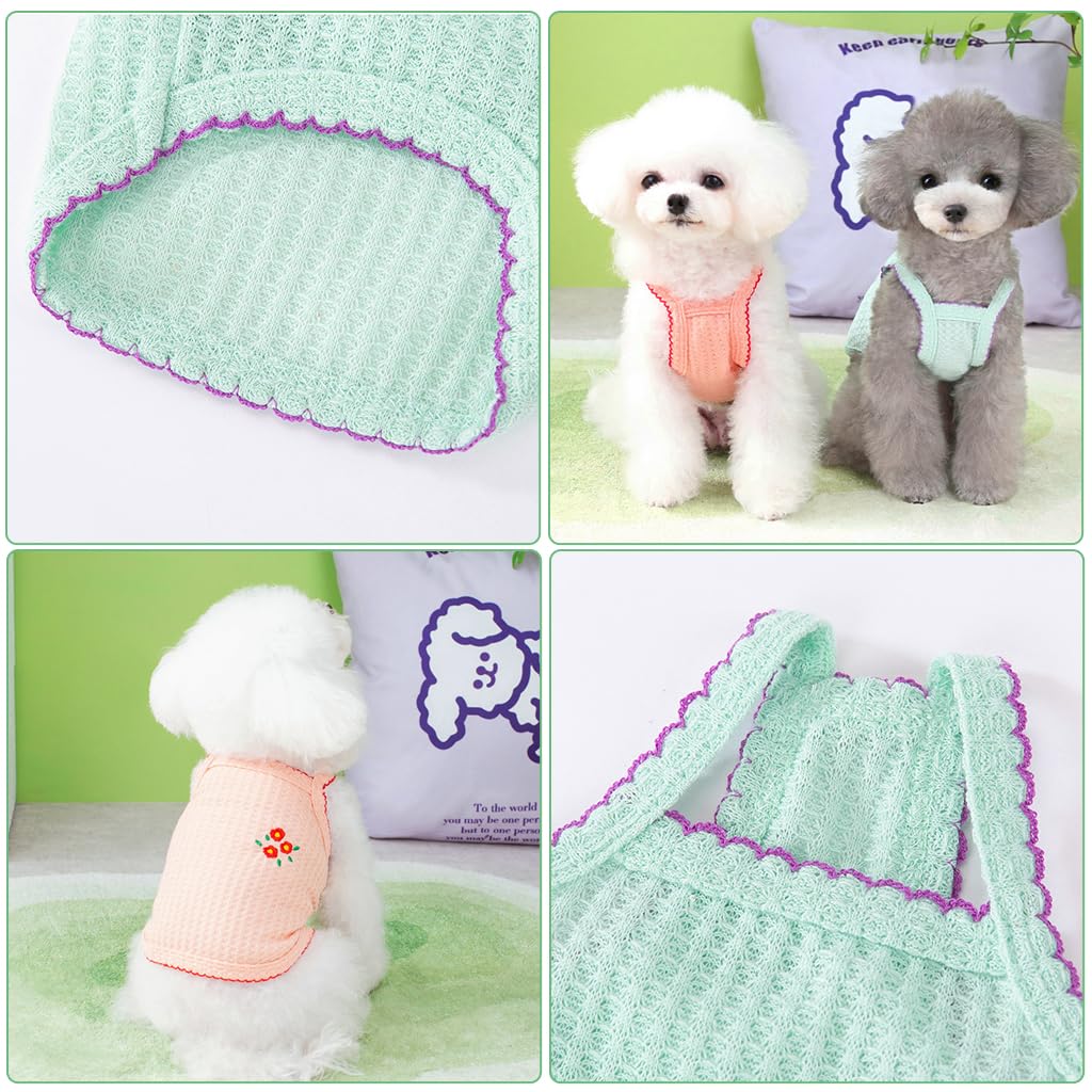Qpets 2 Pack Dog Clothes Lovely Flower Embroidery Clothes Pink & Mint Green Summer Breathable Cotton Dog Vest Stretchy Dog Clothes Sleeveless for Small Dogs, Cat (Size: L, Pink+Green)