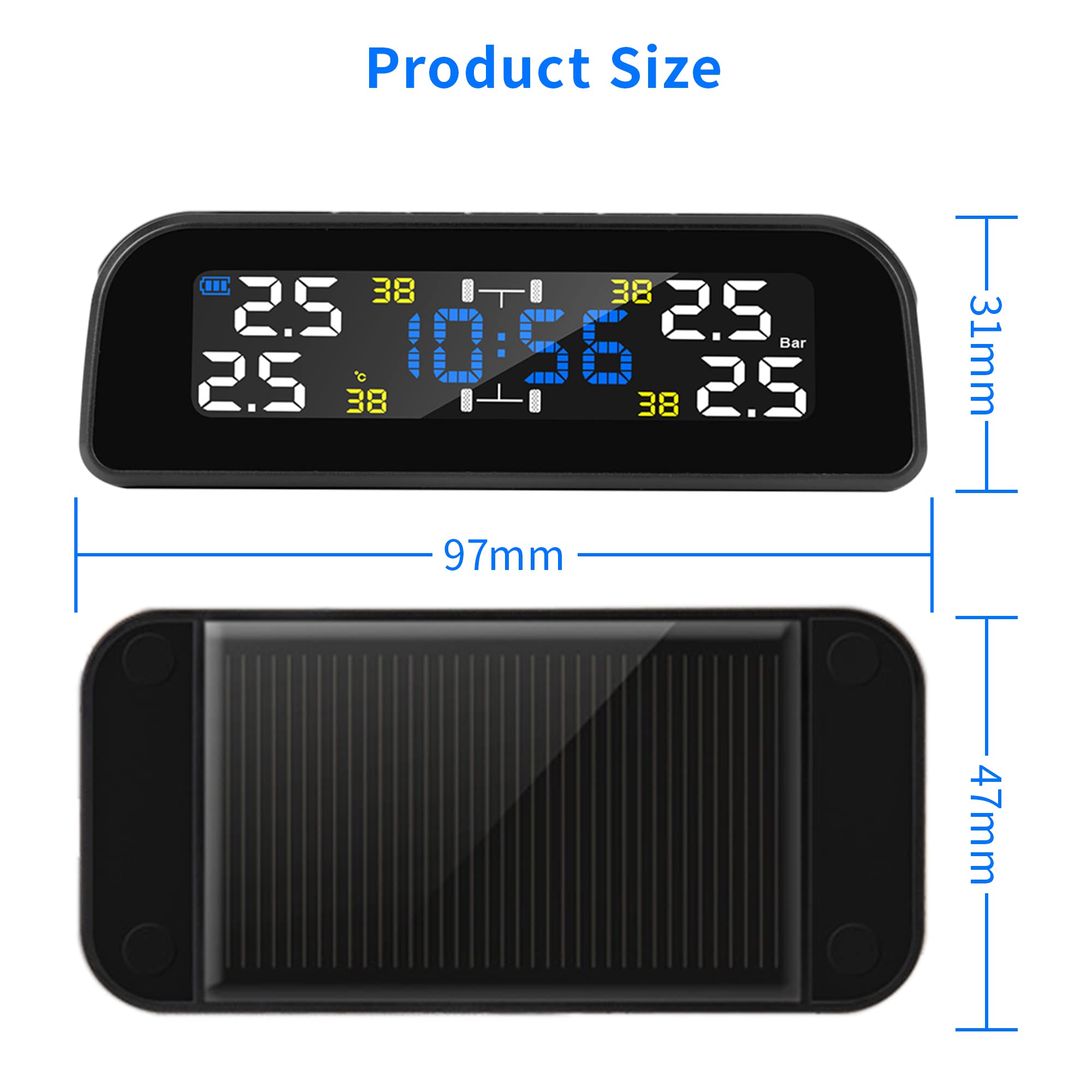 STHIRA Tyre Pressure Monitor Tpms For Cars, Solar Car Tyre Pressure Monitoring System For Car With 4 External Sensors, Tire Pressure Monitor With 3 Digital Accrate Real-Time LCD Display, 0-51PSI
