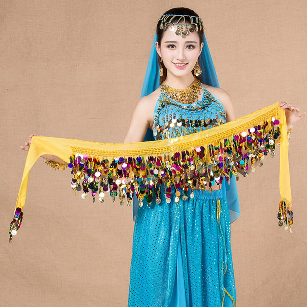 PALAY Belly Dance Hip Scarf Waistband Belt Belly Dance Skirt Wrap with Colorful Bling Coins Fancy Belly Dance Costume Accessories for Women Girls Yellow