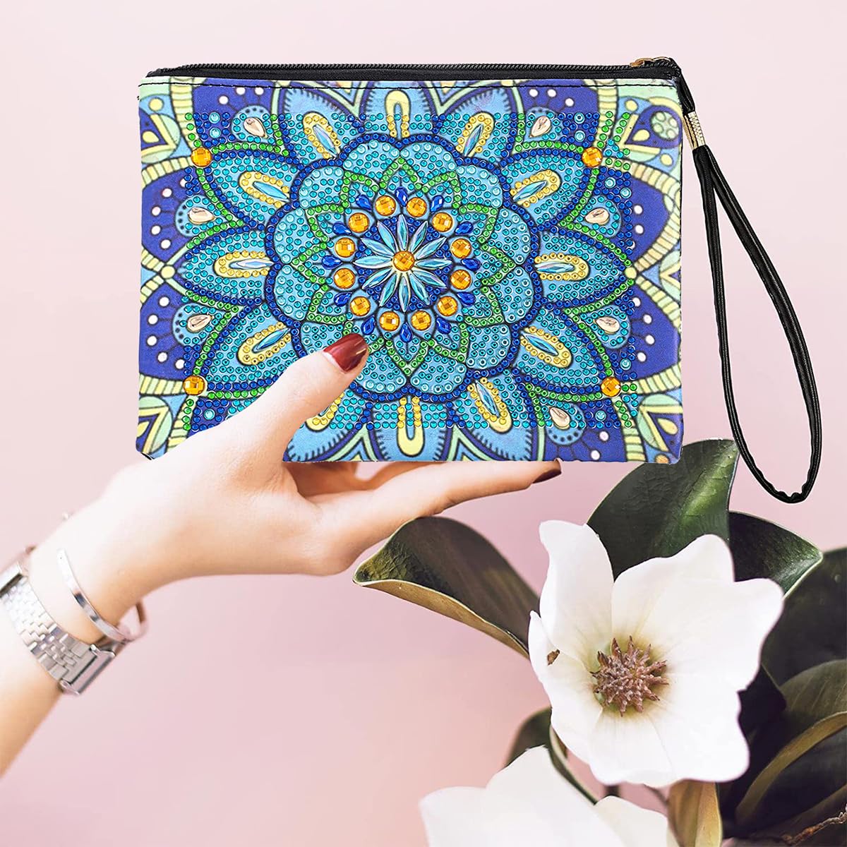 HASTHIP DIY Makeup Bag Diamond Painting Art Material Kit with Color Gem Packs, Tools & Accessories, Blue Mandala Diamond Painting Utility Bag with Lanyard DIY Diamond Craft Gift, 8.26x6.29 inches