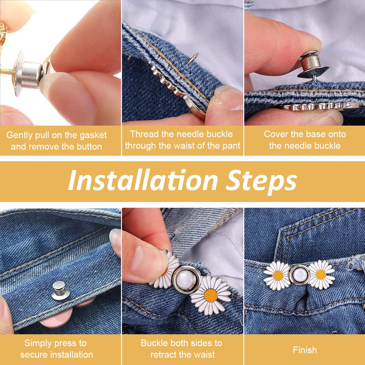 SANNIDHI 4Pcs Daisy Jeans Tightening Clips, Flower Detachable Jeans Adjustable Button Pins, Adjustable Waist Buckle for Women, Instant Pants Waist Tighteners for Loose Waist for Pants Skirts
