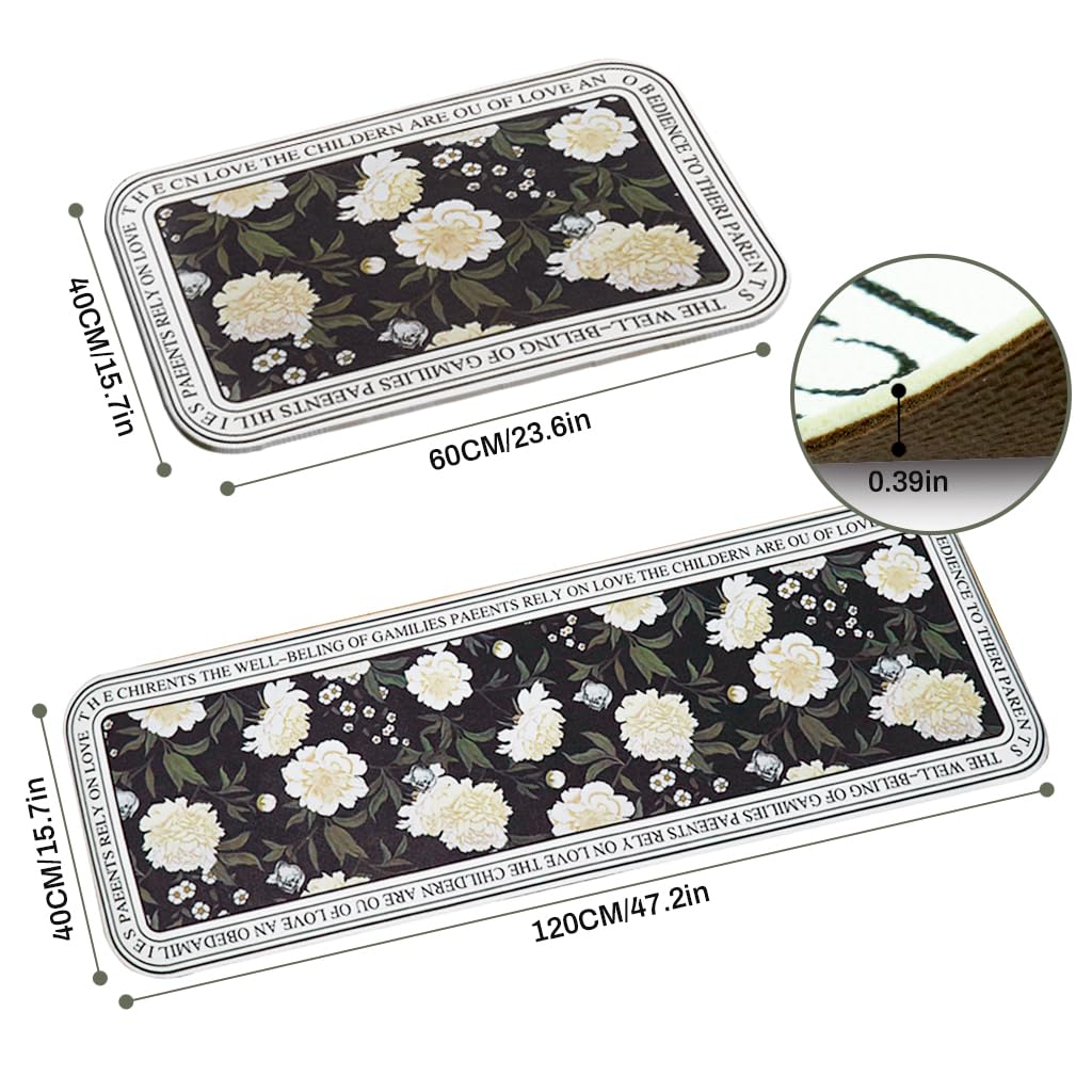 HASTHIP 2PCS Kitchen Mats for Floor Anti Fatigue Mats, Non Slip Kitchen Rugs Waterproof Memory Foam Floral Print Pattern Kitchen Rug for House, Office, Kitchen (40 * 60cm & 40 * 120cm)