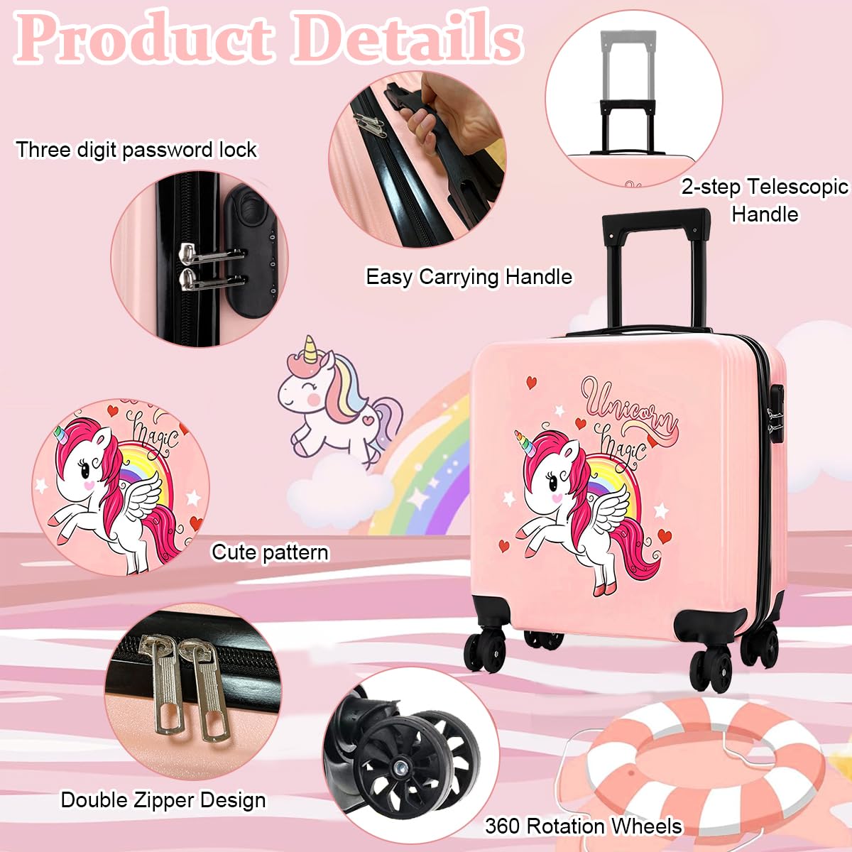 PALAY Kids Travel Luggage 20'' Wheeled Luggage with Combination Password Lock Sturdy PC Travel Suitcase Cute Cartoon Unicorn Carry-on Wheeled Luggage Travel Roller Luggage School Gift for Students