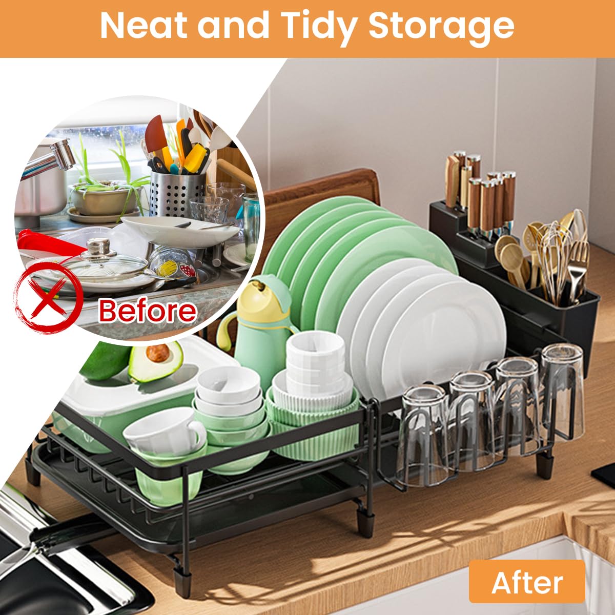 HASTHIP Dish Dry Rack with Drip Tray Metal Large Size Dish Dry Rack Drainer with Cup Holder, Telescopic Tableware Holder Organzier Kitchen Multipurpose Dry Rack for Dish, Bowl, Tableware, Cup