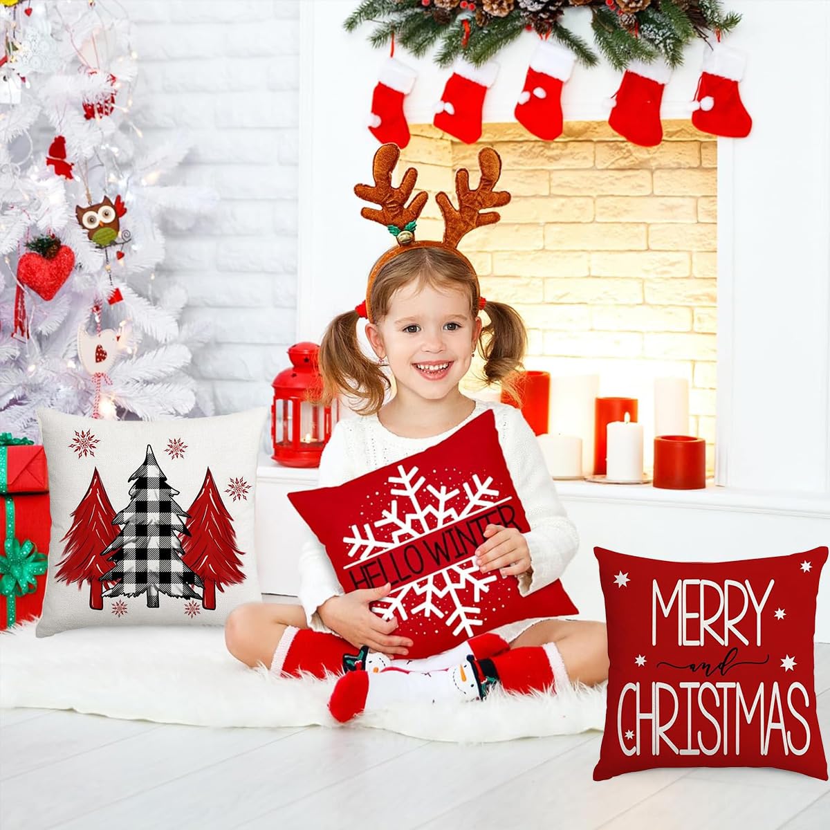 HASTHIP 4Pcs Christmas Square Pillow Covers 15.7 inches Square Linen Printed Pillow Cover Classic Christmas Sofa Pillow Covers Square Pillow Covers for Christmas
