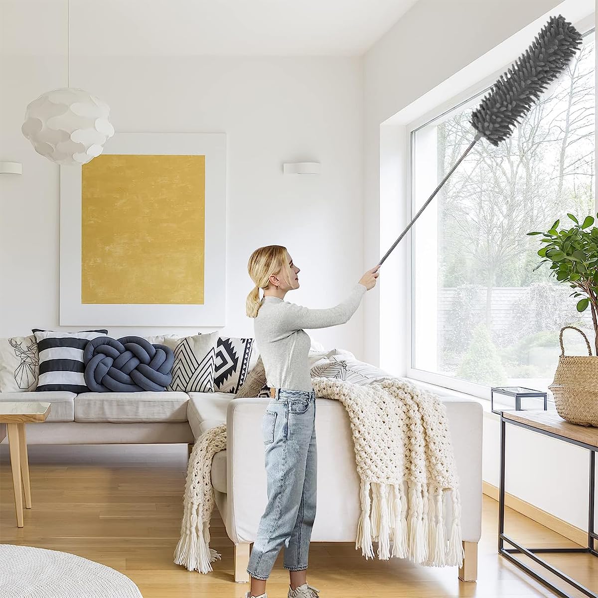 HASTHIP Microfiber Duster 3 in 1 Microfiber Duster Set, Bendable Chenille Dusters Three Duster Head with Extendable Handle Bar Feather Duster for Ceiling Fan, High Ceiling, Blinds, Furniture, Cars