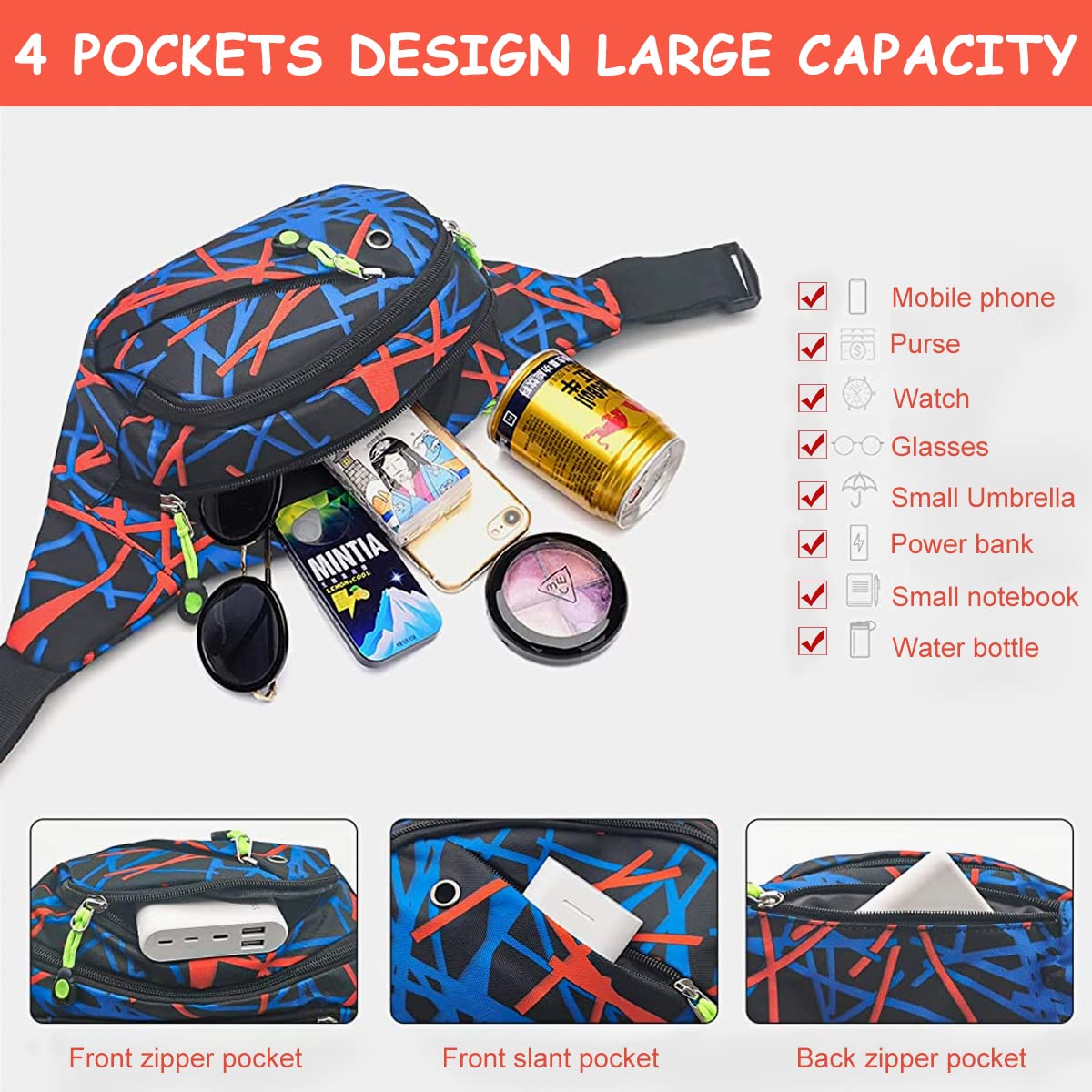 GUSTAVE Waist Bags for Men Women, Stylish Waterproof Chest Bag with Adjustable Strap Sport Fanny Bag Bumbag for Hiking Travel Camping Running Sports Outdoors