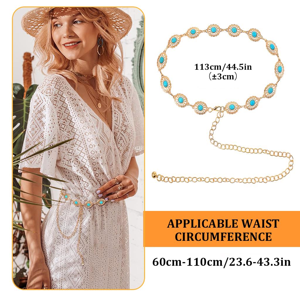 PALAY Gold Waist Chain for Women Stylish Body Belly Chain Ladies Peacock Blue Beaded Beach Hip Chain for Saree, Crop Tops, Bikinis Jewelry Accessories - 23.6+19.6 Inch