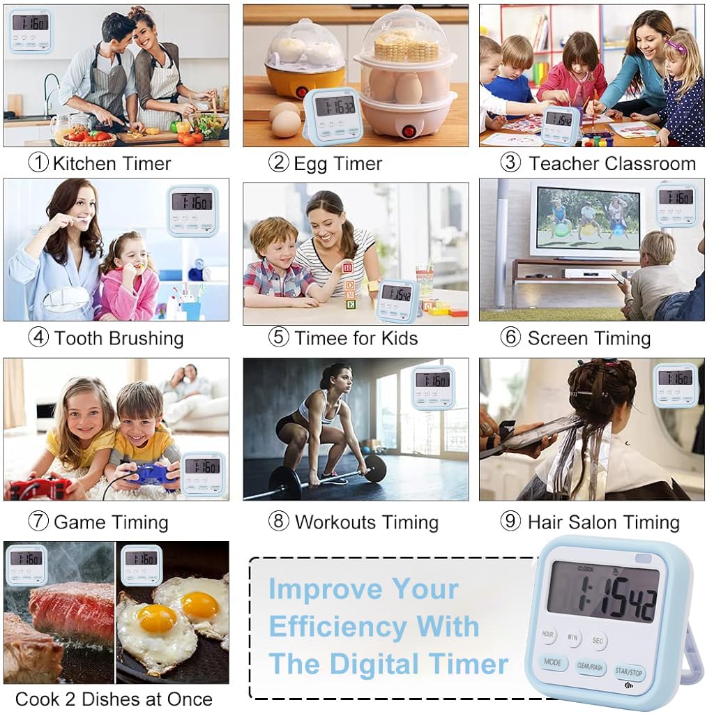 ZIBUYU LCD Digital Timer Magnetic Alarm Clock with Light 24hs Countdown Timer Time Reminder Baking Timer with Magnetic Folding Bracket Battery Powered Timer for Kitchen, Study, Cooking, 5.4x7cm