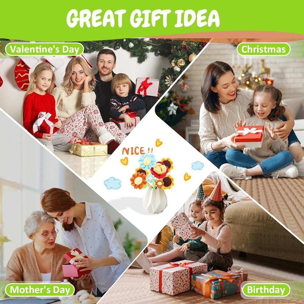 PATPAT DIY Crochet Flower Pot Material Kit Cactus Flowers Crochet Desk Decor Material Kit with Tools & Tutorial Starter Friendly Crochet Flower Material Kit DIY Crochet Christmas Gift, Desk Decor
