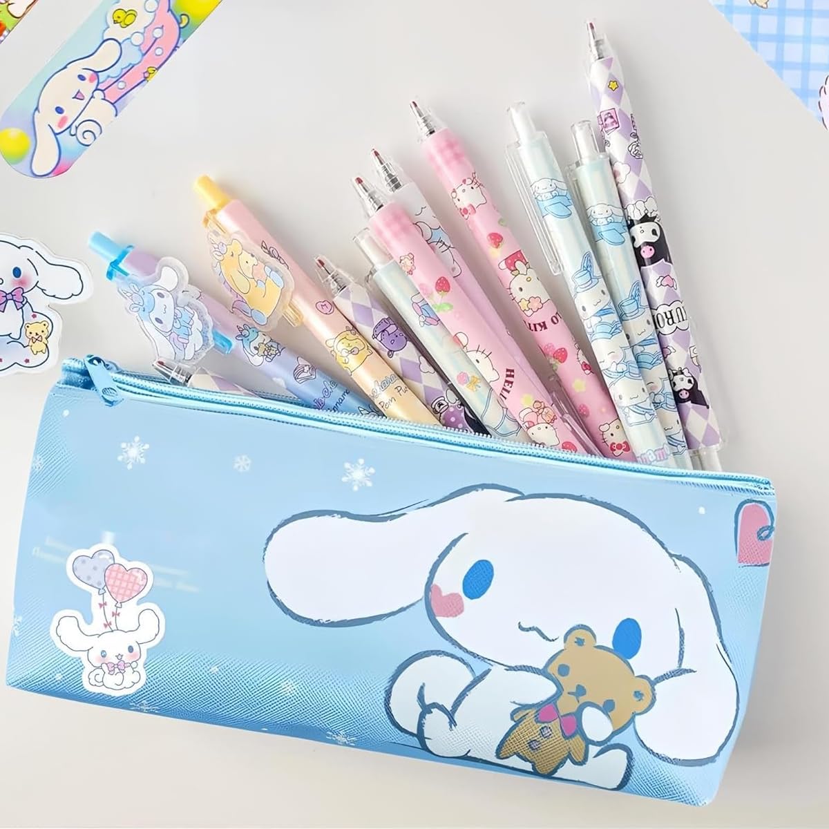 HASTHIP 9Pcs Kawaii Cinnamoroll School Supplies Set, Kawaii Stationeries Supplies Set with Notebook, Pencil Pouch, Click Pens, Assorted Cinnamoroll Cartooon Stickers, Girls School Gift Set