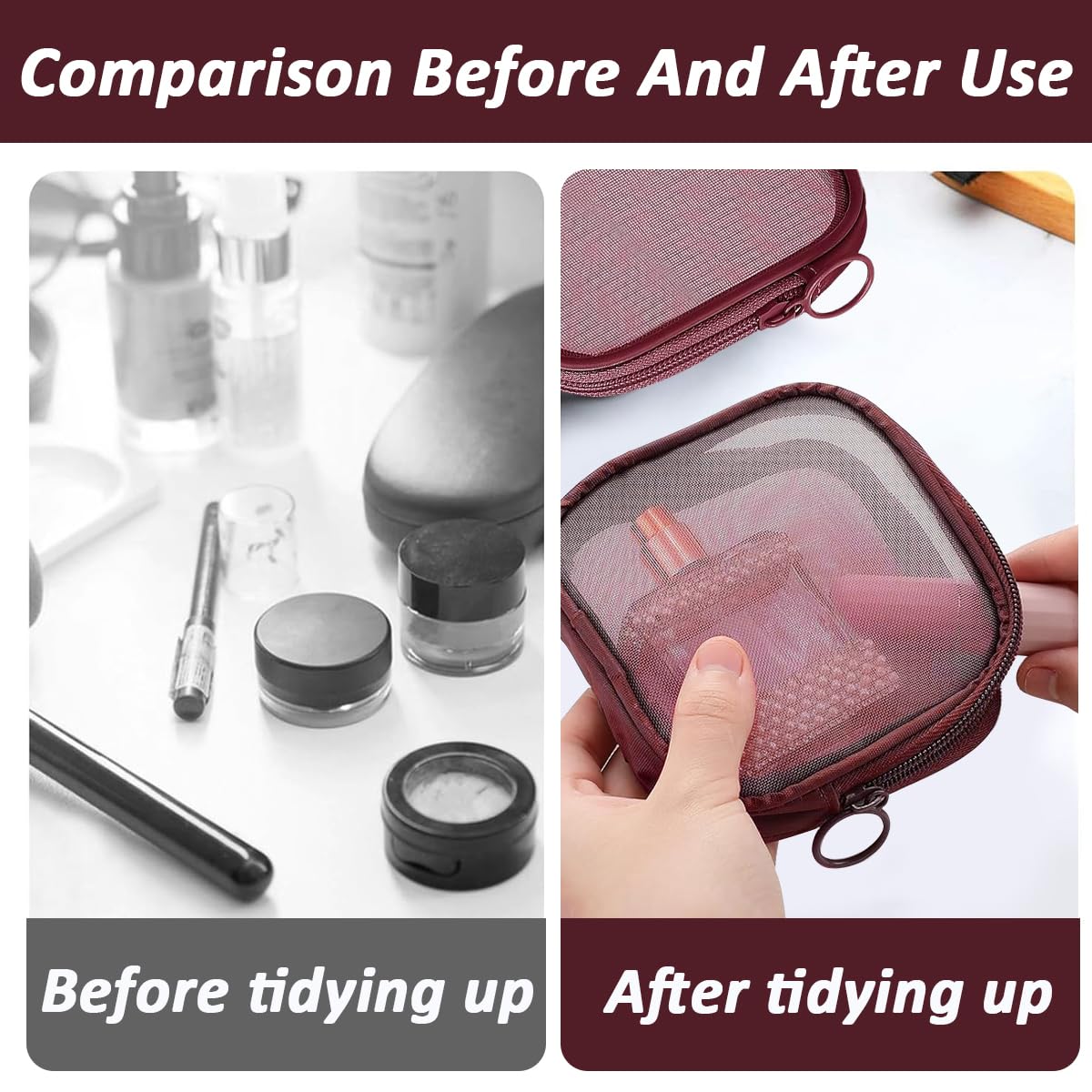 MAYCREATE 4pcs Mesh Makeup Pouch Small Zipper Cosmetic Bags for Women 4.7'' Square Fashion Lipstick Pouches for Women, Nylon Mini Cash Toiletry Organizer Bag for Daily Accessories - Wine Red