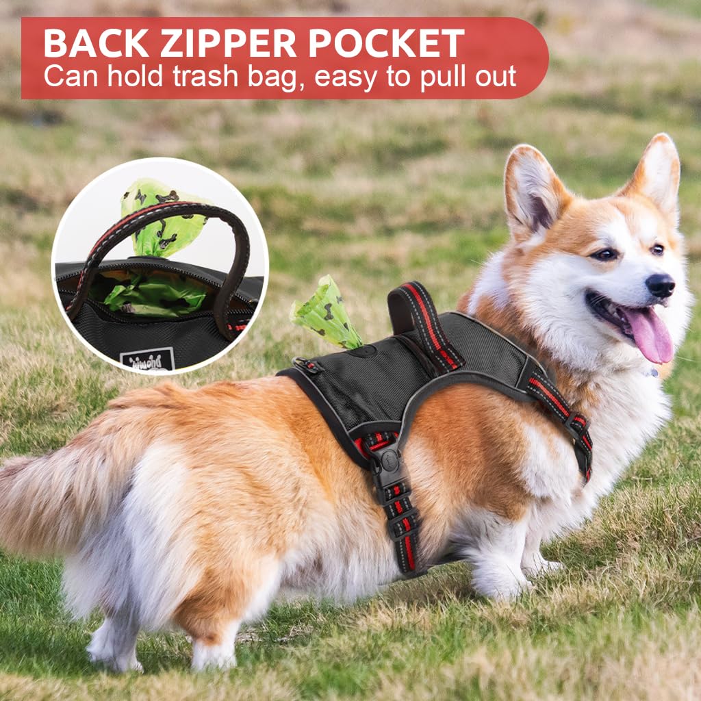 Qpets Dog Harness, Dog Vest Harness with Utility Zipper Pouch Outdoor Oxford Cloth Dog Vest Harness with Handle & D Ring, 360° Safety Reflective Strip Adjustable Harness for Dog (14-22.5kg, L)