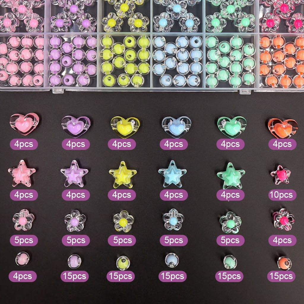 SANNIDHI 174pcs Acrylic Beads for Jewellery Making Kit, Macaron Color Crystal Beads for Bracelet Making, Double Layer Star Heart Flower Round Cute Aesthetic Beads for DIY Hair Ties