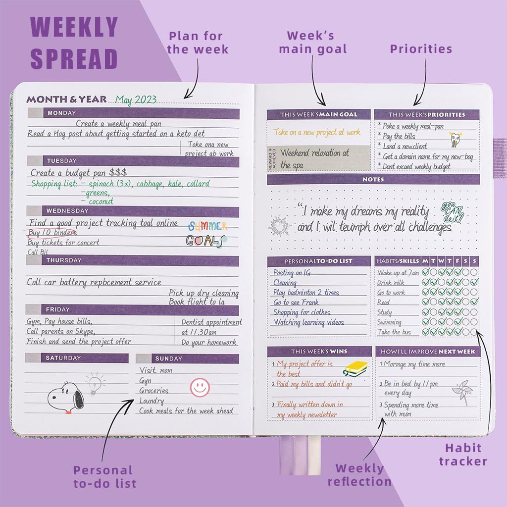 HASTHIP Weekly Planner A5 Notebook with Color Lable Stickers, Undated Weekly, Monthly, Yearly Planner Sparkling Hard Cover Schedule Planner To-Do-List Planer Budget Planner