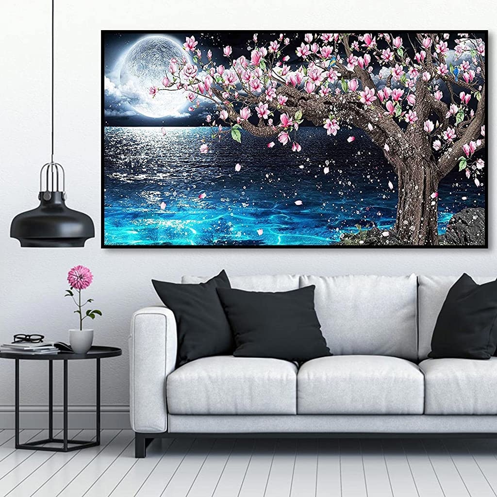 HASTHIP 5D Diamond Painting Kit, 27.5 X 15.7inch Large Size Lake Moon Diamond Painting Kits for Adults, DIY Full Drill Crystal Rhinestone Arts and Crafts, Art Diamond Painting for Home Wall Decor
