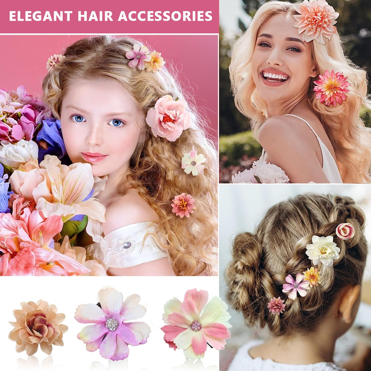 PALAY 21pcs Artificial Flower Hair Clips for Women, Chiffon Floral Hair Barrettes for Girls, Boho Assorted Headpiece Brooch Pin, Bridal Hair Accessories for Wedding Party Photography Gift