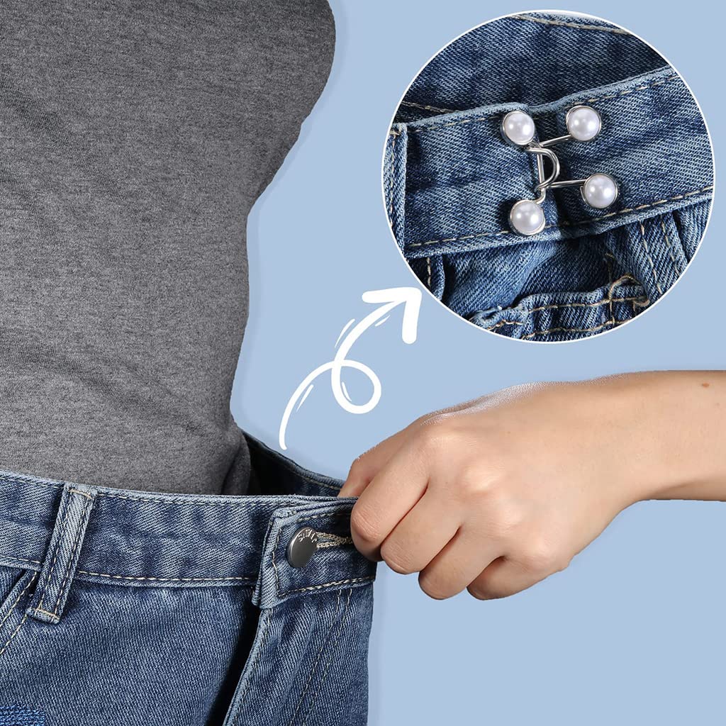 SANNIDHI 6 Pack Detachable Jeans Button Pins, Instant Adjustable Waist Buckle for Loose Jeans, Pearl Crystal Jeans Waist Adjuster Tightener for Pants, Skirt (No Sew Required)