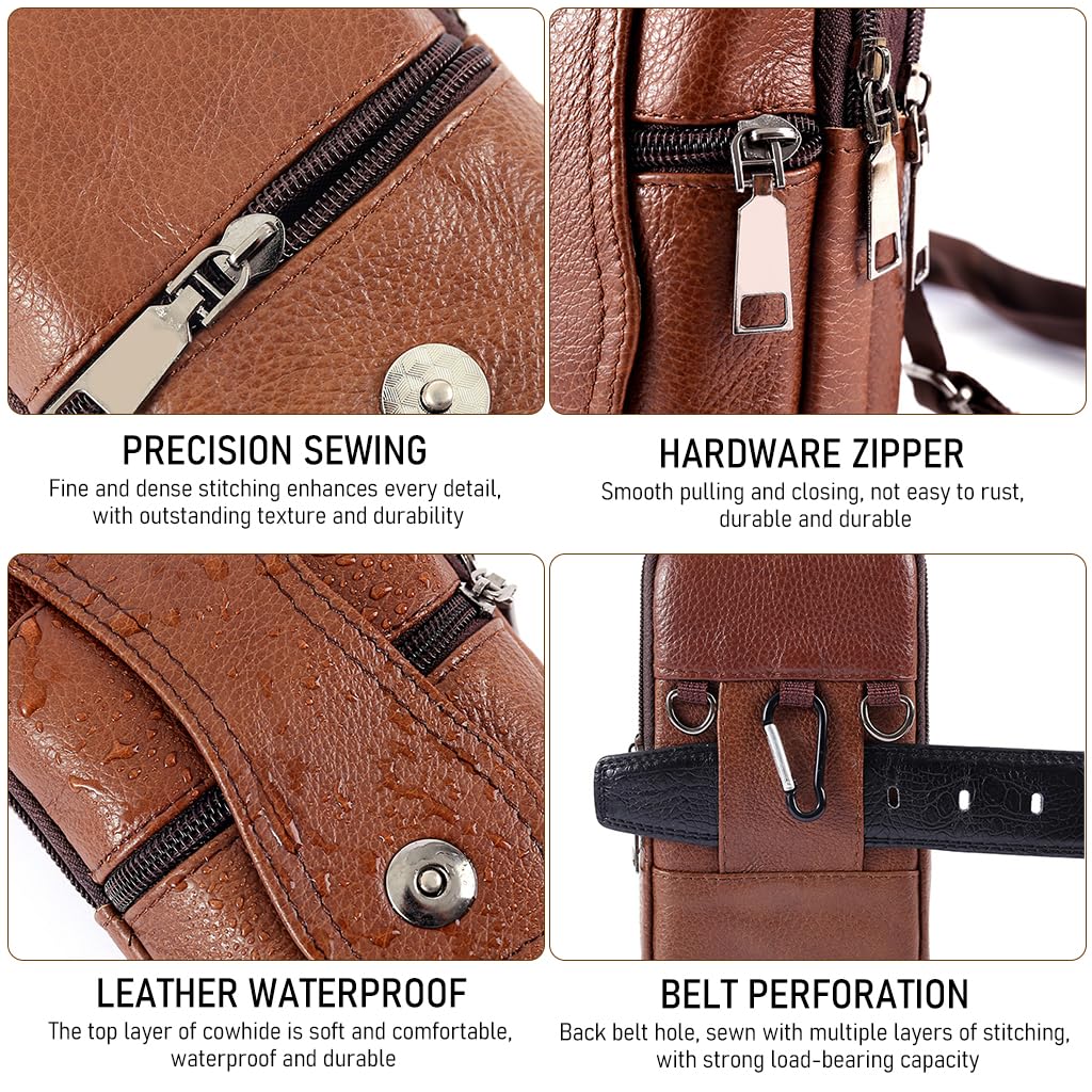 ZIBUYU Mobile Pouch for Men Leather Magnetic Cover Belt Clip Compatible for iPhone 12, 13, 14 Pro Max Phone Case Mini Crossbody Men Waist Sling Bag Mobile Holster for Men, Brown - 1
