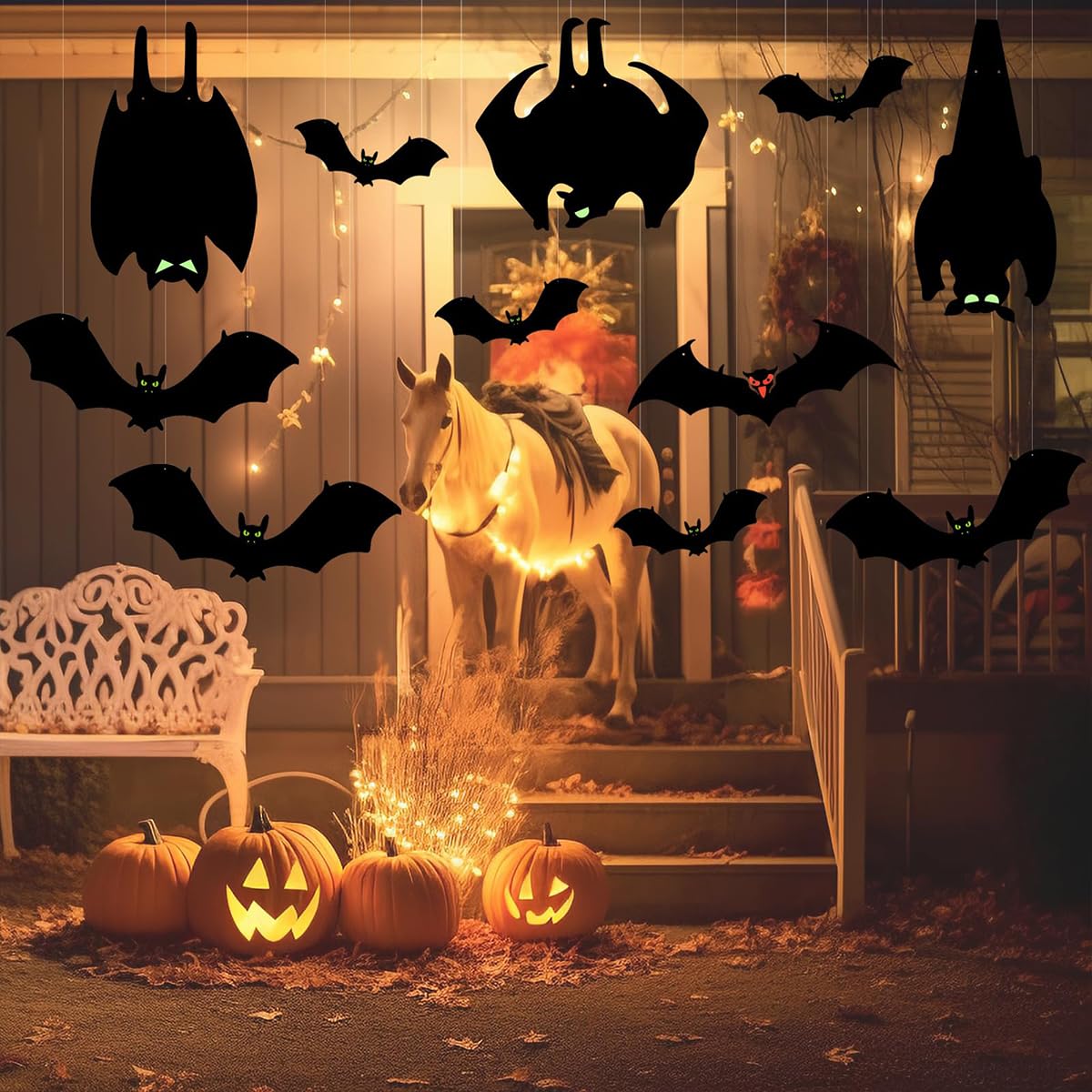 HASTHIP 13Pcs Halloween Home Decorations PVC Black Bats Silhouette with Glow-in-the Dark Eyes Halloween Tree Hanging Decoration Halloween Garden Decor Wall Hangings