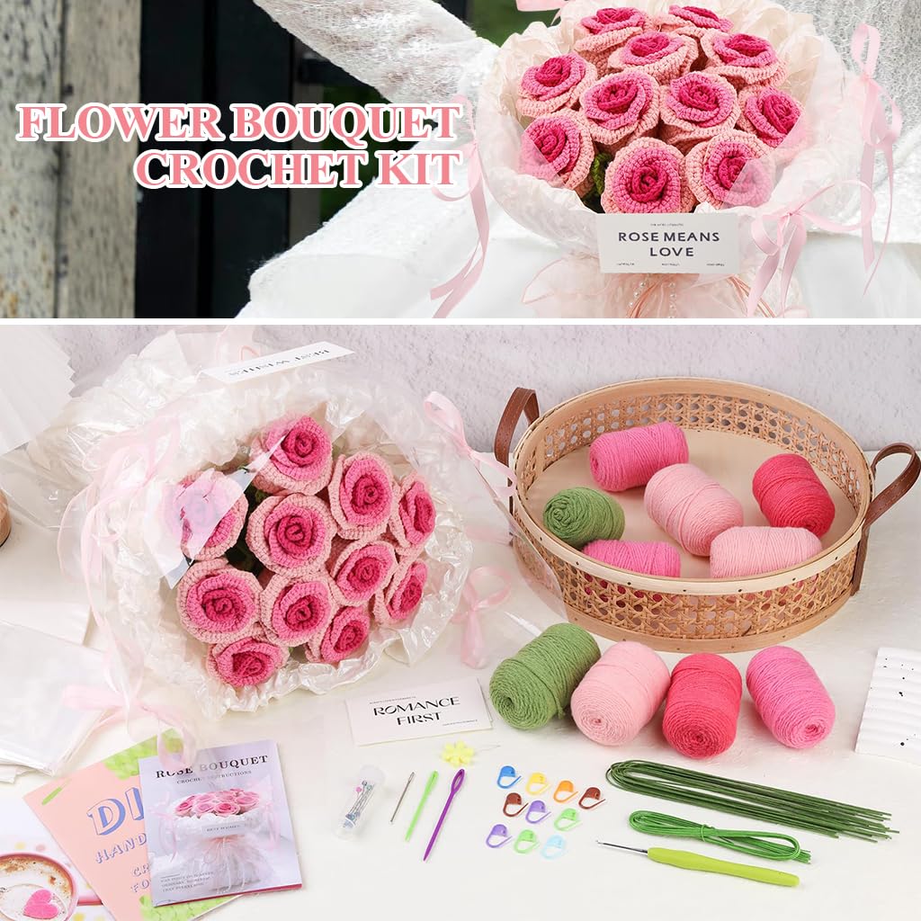 HASTHIP DIY Rose Bouquet Crochet Material Kit Gradient Pink Rose Bouquet Crochet Kit with Yarn, Crochet Hook, Stitch Marks, Step By Step Tutorial, DIY Crochet Art Kit Christmas Birthday Gift