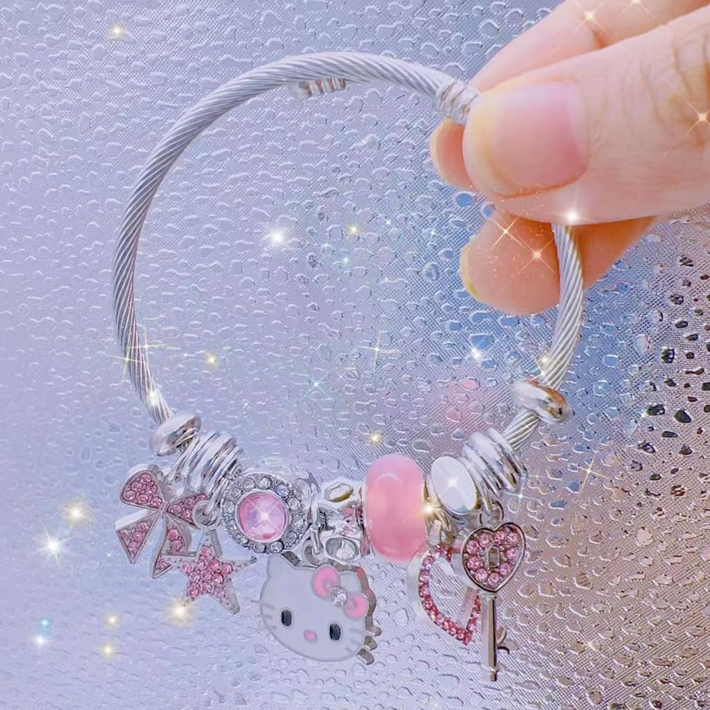 SANNIDHI Kawaii Girls Bracelet Cute Hello Kitty Bangle Pink Reshinestone Shining Girls Bangle Friendship Bracelet Stainless Steel Adjustable Hello Kitty Bangle for Girls Jewelry Gift for Girls