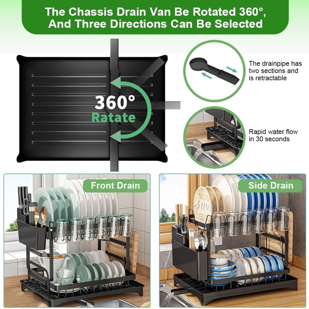 Supvox Dish Drying Rack Kitchen Organizer Countertop Double Layer Dish Drain Rack Kitchen Organizer Cup Drying Rack Kitchen Carbon Steel Plates Drying Rack Large Dish Drainer Kitchen Organizer