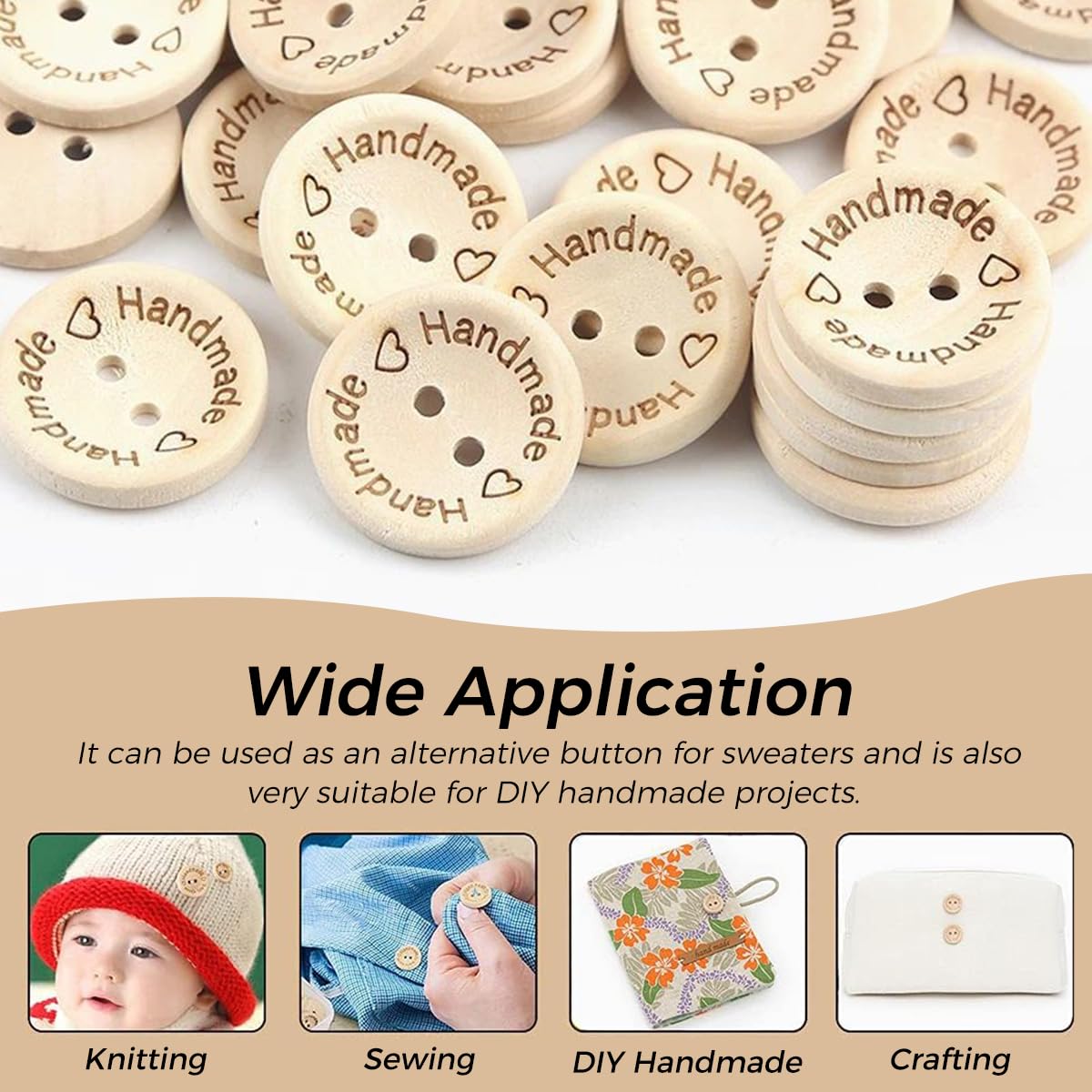 HASTHIP Wooden Button Set Handmade DIY Button for Knitting Sweather Button Set of 150Pcs Clothing Bottons with 3 Sizes Dual Hole Wooden Engraved Button for Crafting, DIY Crocheting Craft Decoration