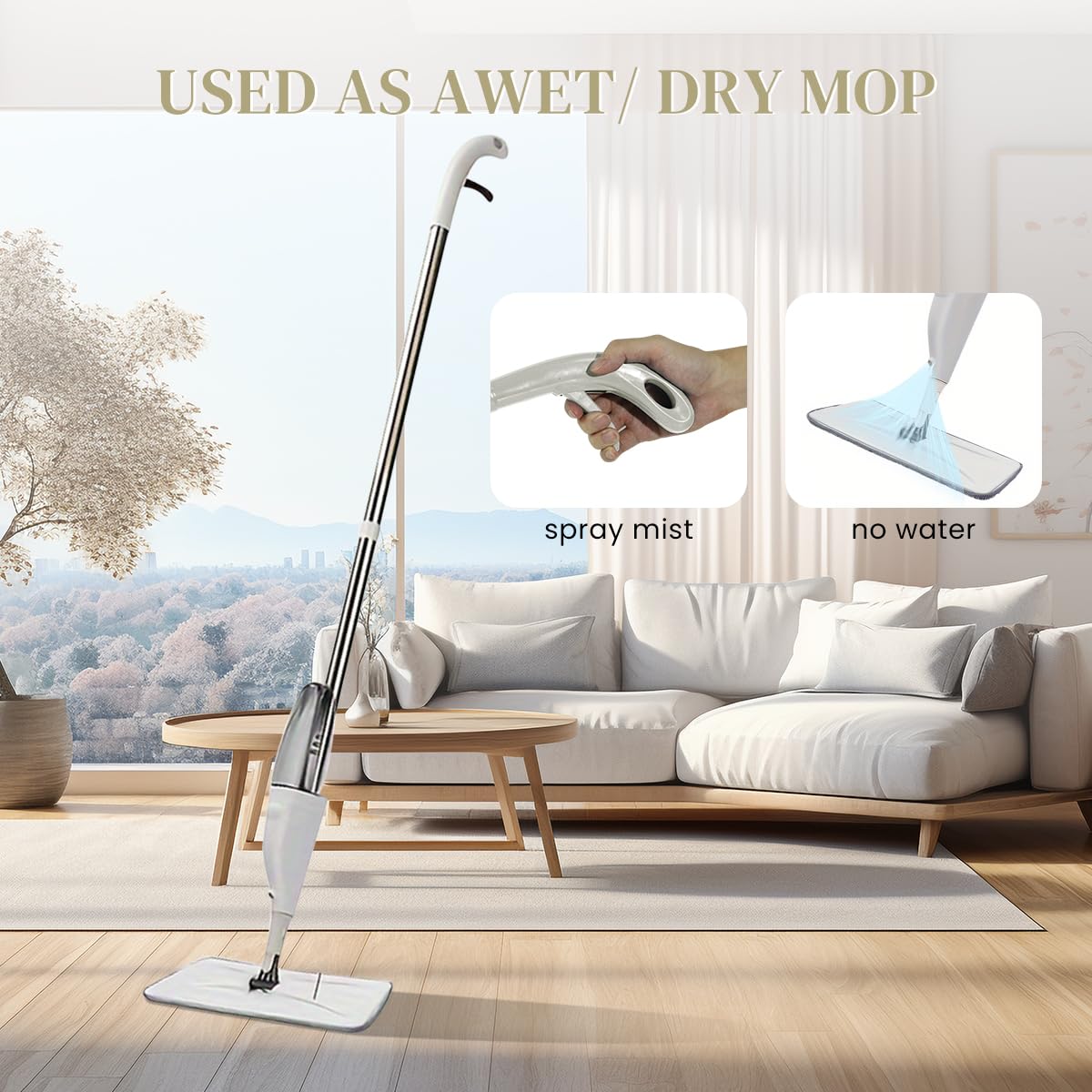 HASTHIP Microfiber Spray Mop 360° Rotatable Long Handle Spray Floor Mop with 3pcs Washable Microfiber Mop Cloth Wet & Dry Use Floor Mop for Wooden Floor, Ceramic Tiles Wall, Laminate