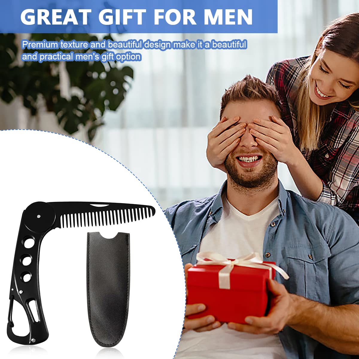 MAYCREATE Beard Comb for Men Stainless Steel Folding Anti Static Mustache Comb, Travel Multifunction Pocket Comb for Hair or Beard Grooming, Mustache Styling (with Leather Sleeve)