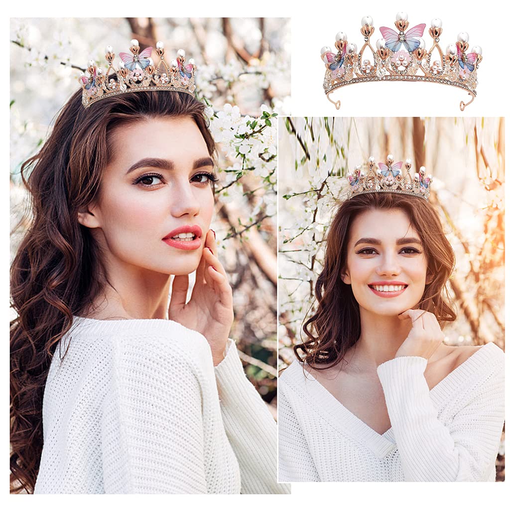 PALAY Crystal Tiara Crown Pearl Princess Costume Crown Headband Flower Pageant Handmade Hair Accessories Cosplay,Birthday,Celebration for Girl Women