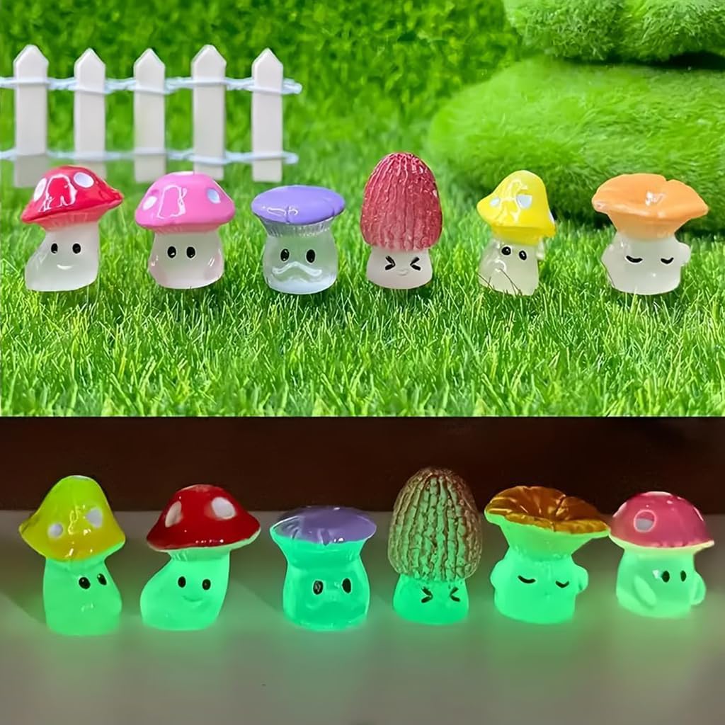 HASTHIP 6Pcs Mini Luminous Mushrooms Plant Miniature Moss Landscape Decorations Resin Miniature Decor for Moss Landscape, Garden Ornament, Flower Pots, Dollhouse Garden Decorations, 1.2x1.6cm