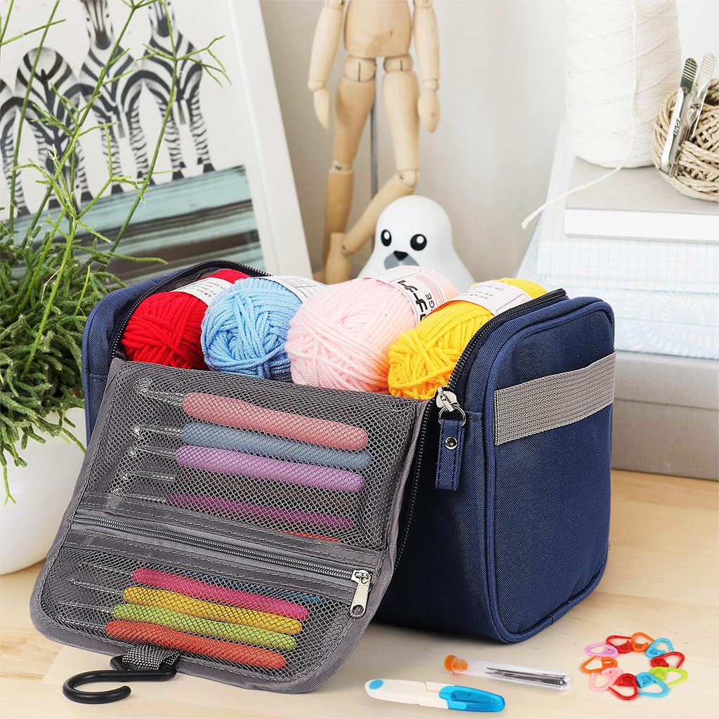 HASTHIP 9Pcs Crochet Hooks Stitching Needles Set with Storage Bag, 6 Large Eye Stitching Needles, 20Pcs Color Stitch Marks Anti-slip Rubberized Handle Crochet Hooks Beginners Crochet Kit