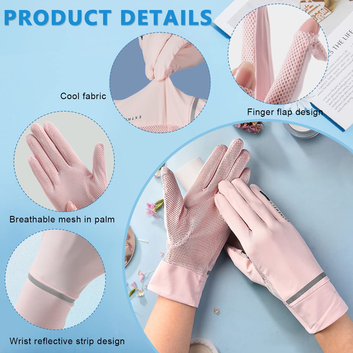 PALAY Hand Gloves for Women Sun Protection Non Slip Touch Screen Gloves, Cooling Summer Bike Gloves for Cycling Fishing, Mesh Breathable Full Finger Gloves - UPF 50+, Pink