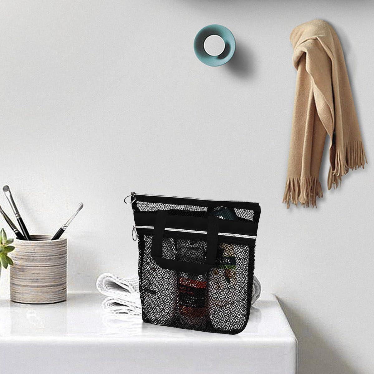HASTHIP Mesh Shower Caddy, 10.2x9.9'' Shower Mesh Caddy Tote Bag Quick Dry Hanging Toiletry and Bath Organizer for Travel and Swimming with Zipper