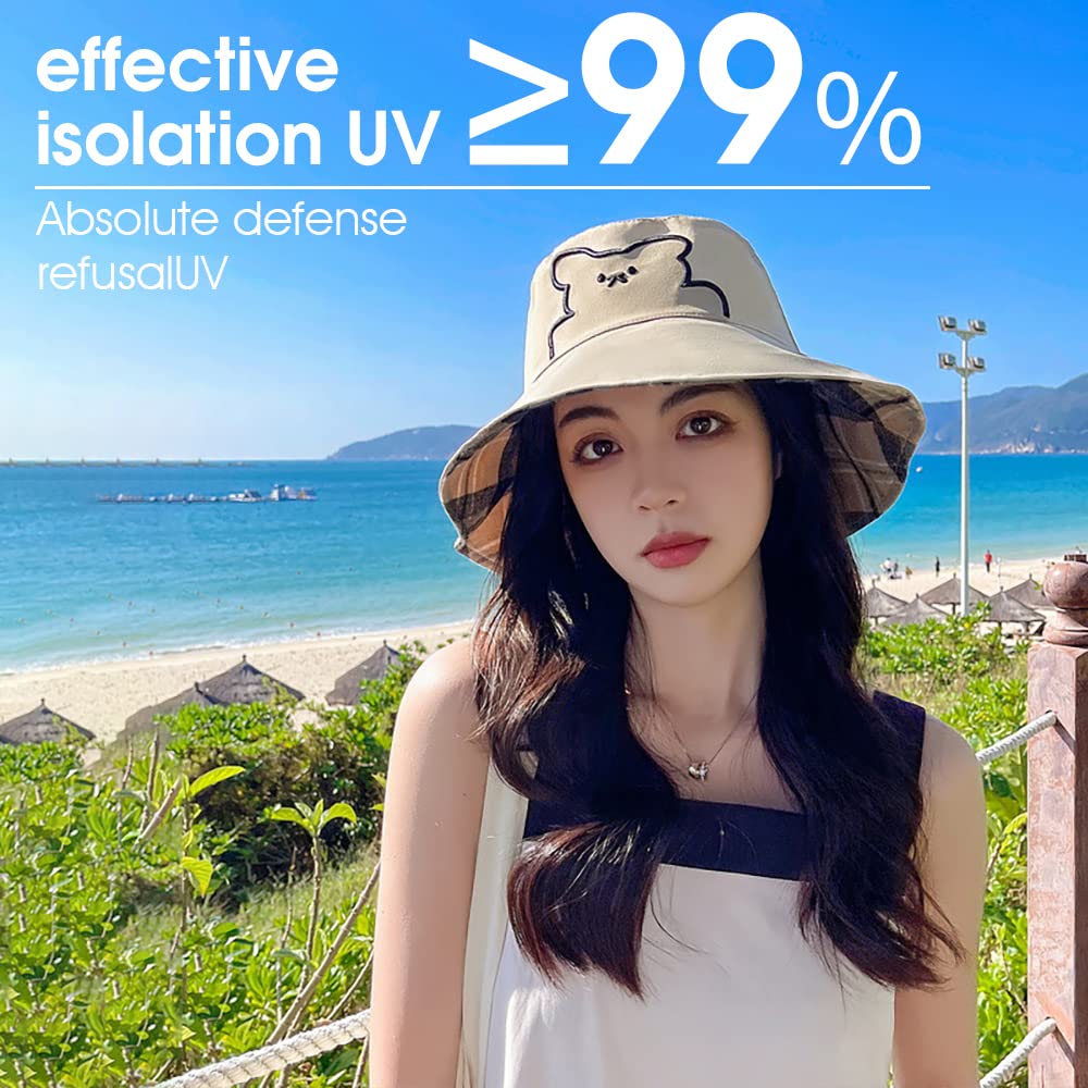 PALAY Women's Bucket Hat Print Double-Side-Wear Bucket Hat for Girls Outdoor Summer Cap Beige
