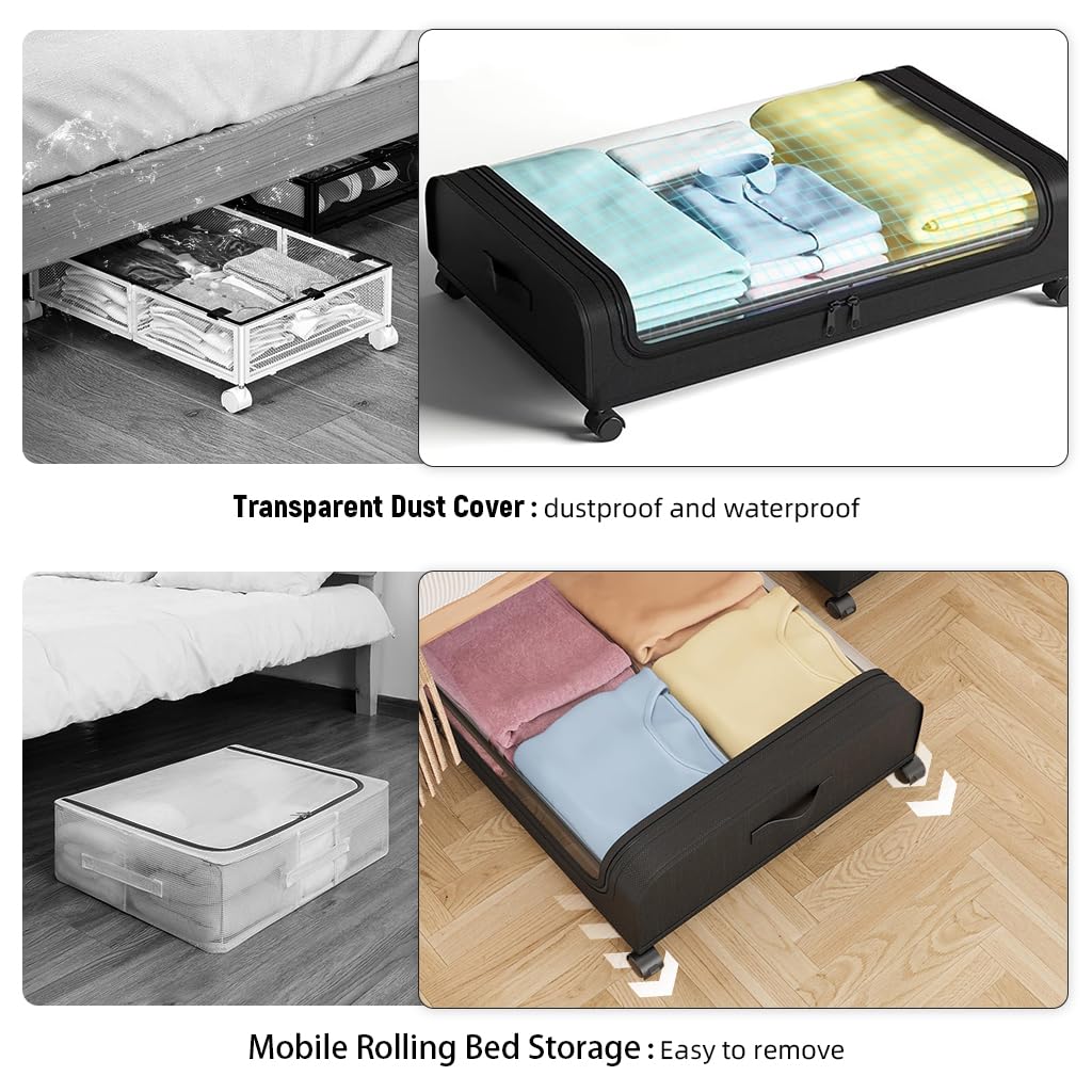 HASTHIP 1 Pcs Under Bed Storage Organizer Zip Cover with Wheels, Rolling Under Bed Storage Container, 32