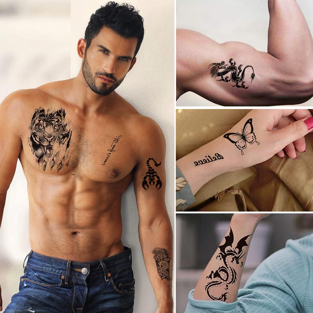 MAYCREATE 36 Sheets Temporary Tattoo for Men Women, Large Tattoo Sticker for Arm Legs, Half Arm Band Tattoo, Waterproof Fake Black Tattoos for Party, Club, Perform, Special Makeup