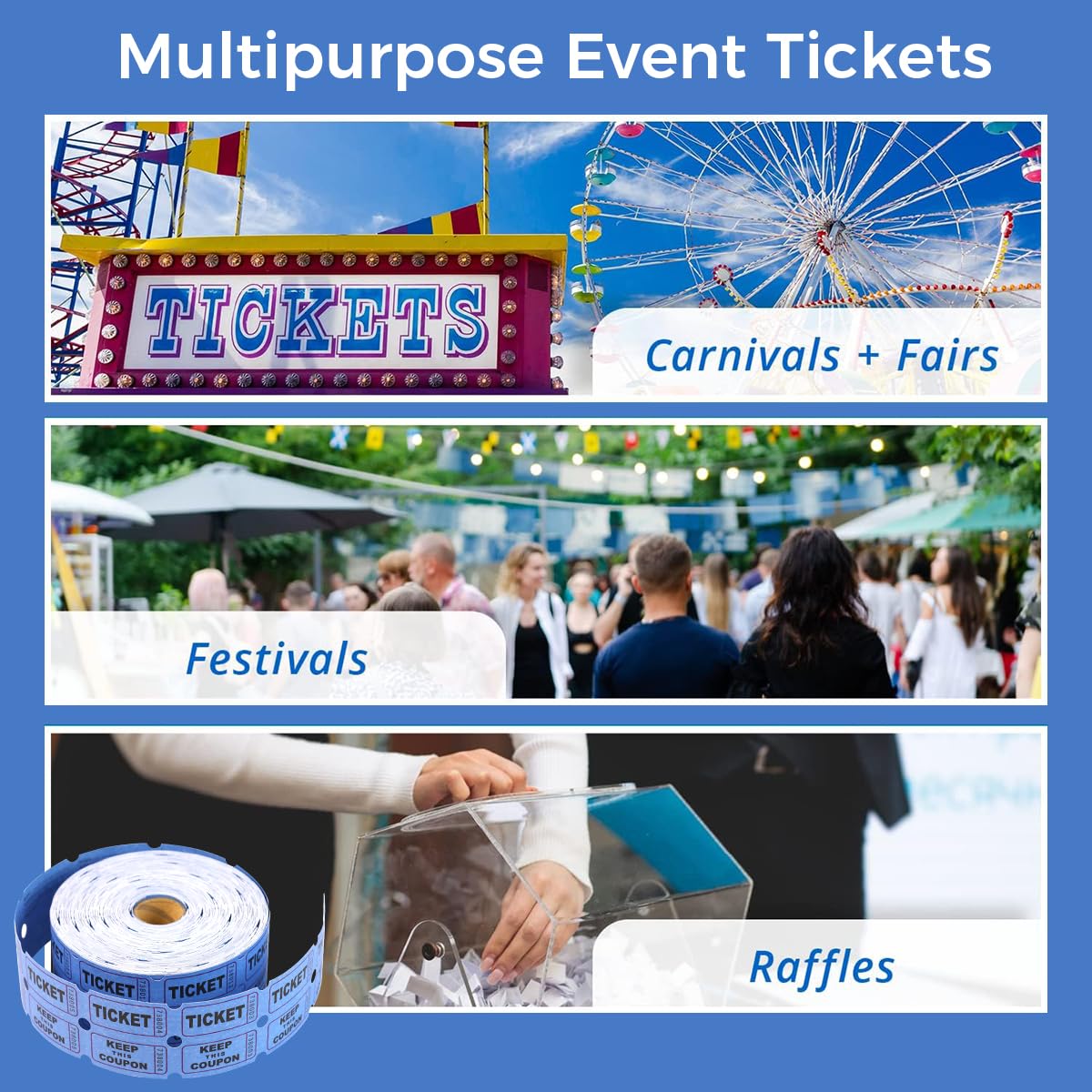 Climberty 1000 Raffle Tickets - Double Roll Sequentially Numbered Raffle Tickets, Easy-Tear Perforation, Perfect for Event Party Prize Drawing Fundraisers (Blue)