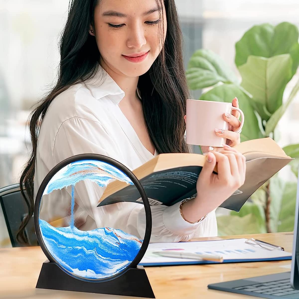 HASTHIP Moving Sand Art Picture Glass Liquid Painting, 3D Deep Sea Sandscape in Motion Display Flowing Sand Frame, Kid's Large Desktop Sand Art Toys, Relaxing Home and Office Decorations, Blue