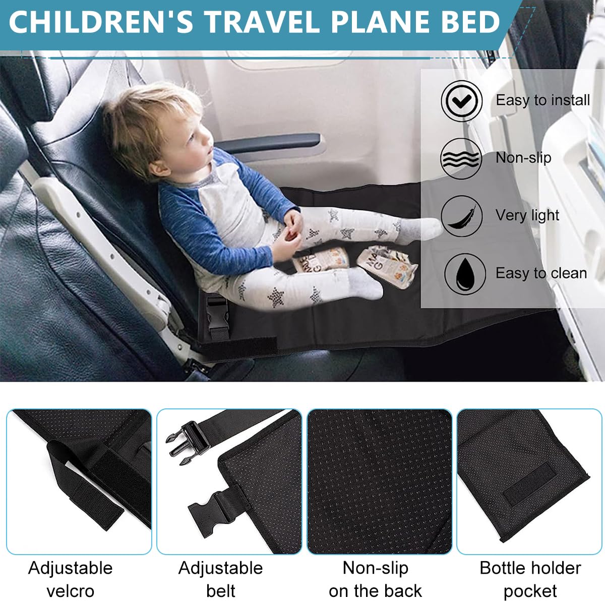 HASTHIP Airplane Footrest for Kids, Toddler Travel Bed, Airplane Foot Hammock for Baby with Anti-Slip Design, Airplane Seat Extender for Kids, Portable Airplane Travel Accessories, 79 * 44cm (Black)