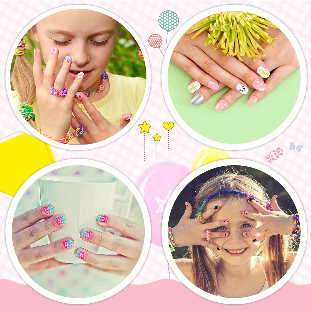 MAYCREATE 120pcs Nail Art Kit for Kids, Children Fake Nails Artificial Nail Tips Girls Full Cover Short False Fingernails for Kids Little Girls Nail Art Decoration, Set of 5