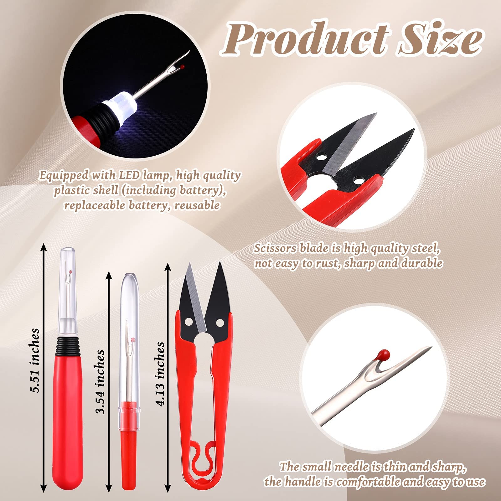 Zibuyu Women Embroidery Sewing Kit with 2 Piece of Large LED Seam Ripper and 2 Piece of Small Sewing Trimming Scissor for Sewing Crafting and Removing Thread