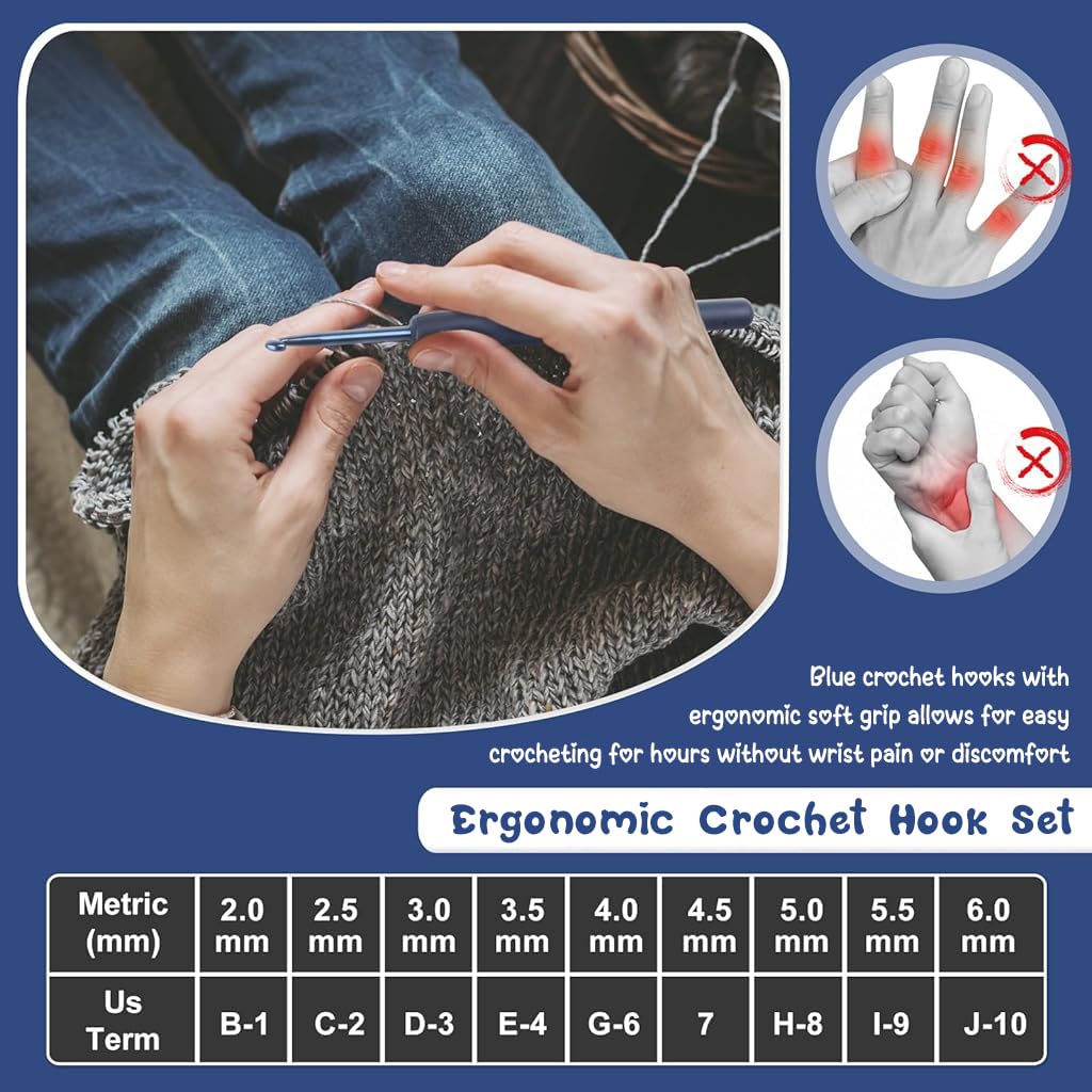 ZIBUYU Crochet Hooks Set of 9Pcs Aluminum Crochet Hooks 2.0 mm-6mm TPR Rubbrized Handle Crochet Hooks DIY Crochet Hooks for DIY Crochet Projects Beginners Crochet Hooks Set, Dark Blue